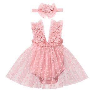 NWT Pink Lace Tulle Romper Dress with Floral Headband Size: 6-12 Months
